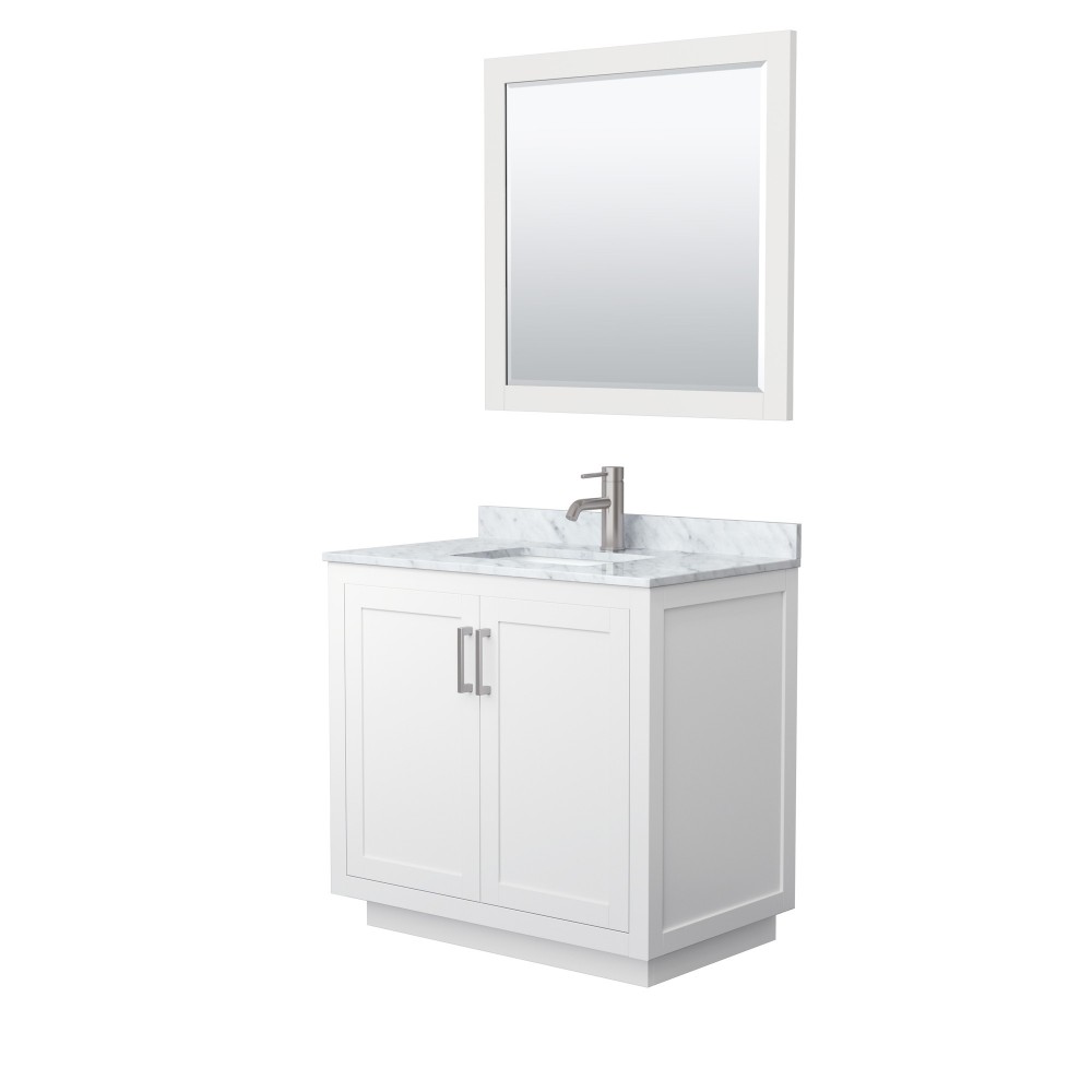 36 Inch Single Bathroom Vanity in White, White Carrara Marble Countertop, Sink, Nickel Trim, 34 Inch Mirror 36 Inch Single Bathroom Vanity in White, White Carrara Marble Countertop, Sink, Nickel Trim, 34 Inch Mirror