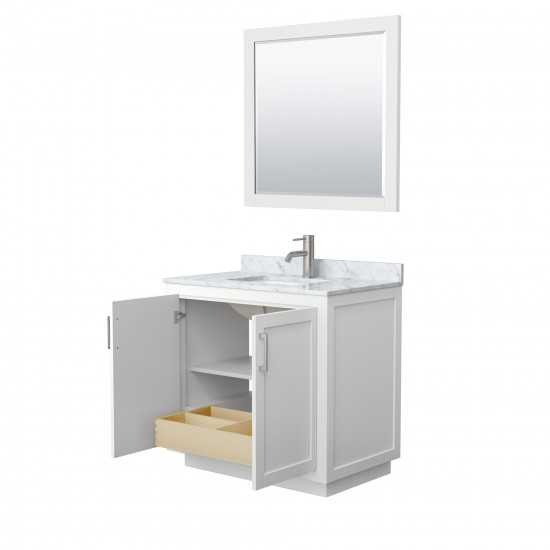 36 Inch Single Bathroom Vanity in White, White Carrara Marble Countertop, Sink, Nickel Trim, 34 Inch Mirror