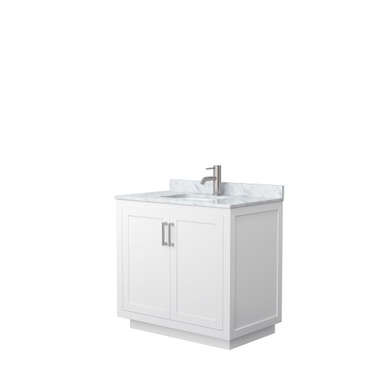 36 Inch Single Bathroom Vanity in White, White Carrara Marble Countertop, Sink, Nickel Trim