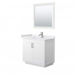 36 Inch Single Bathroom Vanity in White, White Cultured Marble Countertop, Sink, Nickel Trim, 34 Inch Mirror