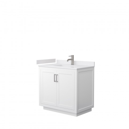 36 Inch Single Bathroom Vanity in White, White Cultured Marble Countertop, Sink, Nickel Trim