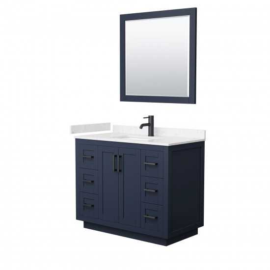 42 Inch Single Bathroom Vanity in Dark Blue, Light-Vein Carrara Cultured Marble Countertop, Sink, Black Trim, 34 Inch Mirror