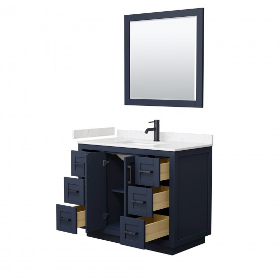 42 Inch Single Bathroom Vanity in Dark Blue, Light-Vein Carrara Cultured Marble Countertop, Sink, Black Trim, 34 Inch Mirror