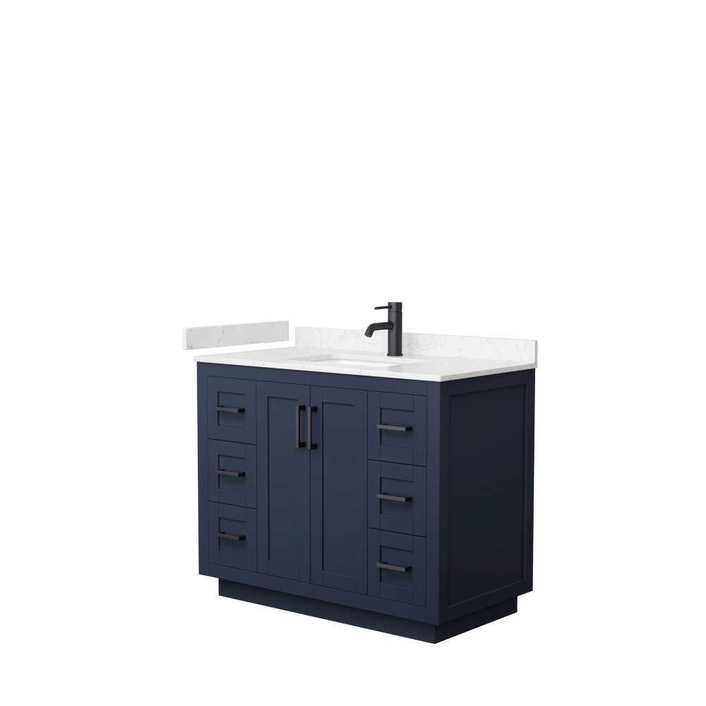 42 Inch Single Bathroom Vanity in Dark Blue, Light-Vein Carrara Cultured Marble Countertop, Sink, Black Trim