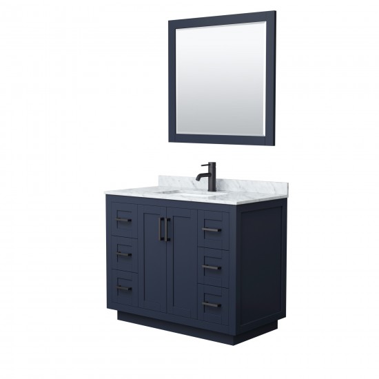 42 Inch Single Bathroom Vanity in Dark Blue, White Carrara Marble Countertop, Sink, Black Trim, 34 Inch Mirror