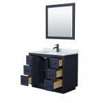 42 Inch Single Bathroom Vanity in Dark Blue, White Carrara Marble Countertop, Sink, Black Trim, 34 Inch Mirror