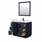 42 Inch Single Bathroom Vanity in Dark Blue, White Cultured Marble Countertop, Sink, Black Trim, 34 Inch Mirror