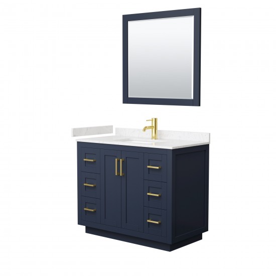 42 Inch Single Bathroom Vanity in Dark Blue, Light-Vein Carrara Cultured Marble Countertop, Sink, Gold Trim, 34 Inch Mirror