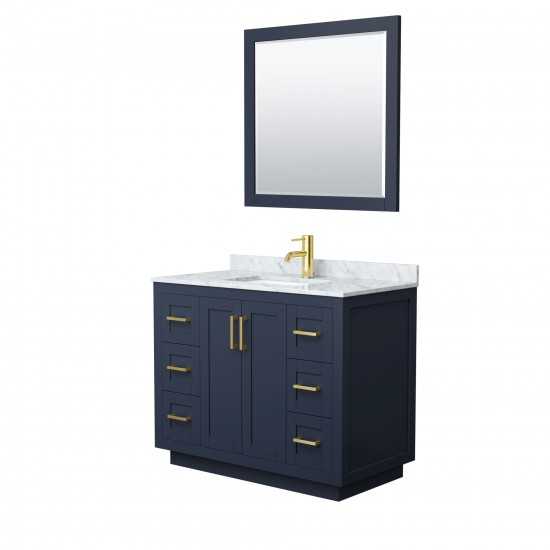 42 Inch Single Bathroom Vanity in Dark Blue, White Carrara Marble Countertop, Sink, Gold Trim, 34 Inch Mirror