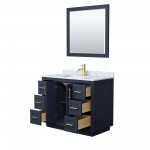 42 Inch Single Bathroom Vanity in Dark Blue, White Carrara Marble Countertop, Sink, Gold Trim, 34 Inch Mirror