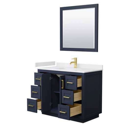 42 Inch Single Bathroom Vanity in Dark Blue, White Cultured Marble Countertop, Sink, Gold Trim, 34 Inch Mirror