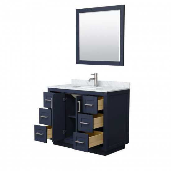 42 Inch Single Bathroom Vanity in Dark Blue, White Carrara Marble Countertop, Sink, Nickel Trim, 34 Inch Mirror