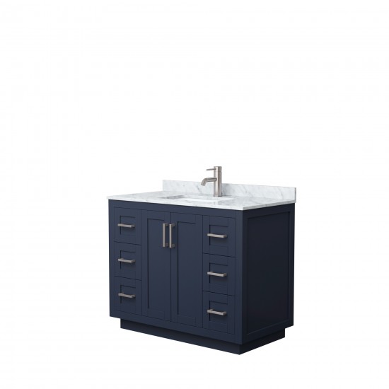 42 Inch Single Bathroom Vanity in Dark Blue, White Carrara Marble Countertop, Sink, Nickel Trim