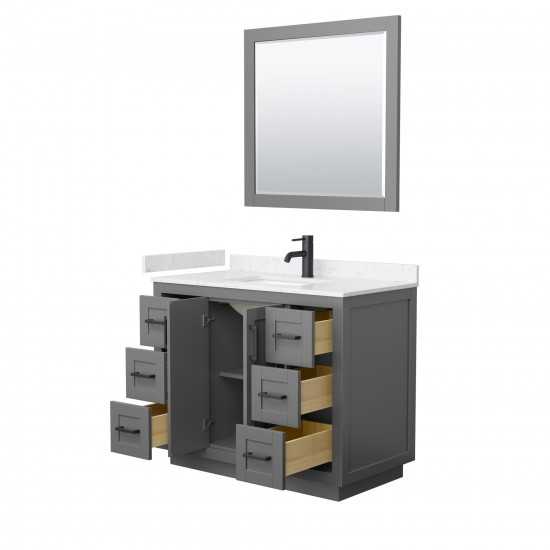 42 Inch Single Bathroom Vanity in Dark Gray, Light-Vein Carrara Cultured Marble Countertop, Sink, Black Trim, 34 Inch Mirror