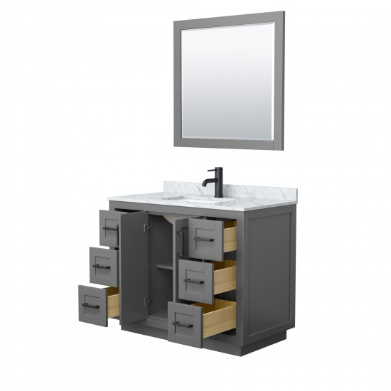 42 Inch Single Bathroom Vanity in Dark Gray, White Carrara Marble Countertop, Sink, Black Trim, 34 Inch Mirror