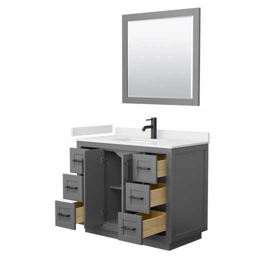 42 Inch Single Bathroom Vanity in Dark Gray, White Cultured Marble Countertop, Sink, Black Trim, 34 Inch Mirror