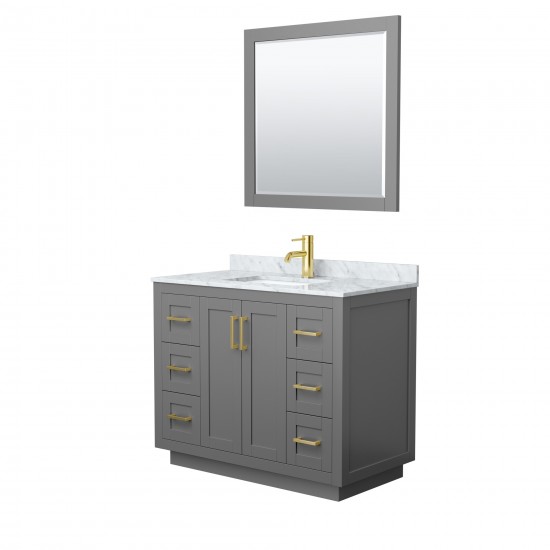 42 Inch Single Bathroom Vanity in Dark Gray, White Carrara Marble Countertop, Sink, Gold Trim, 34 Inch Mirror