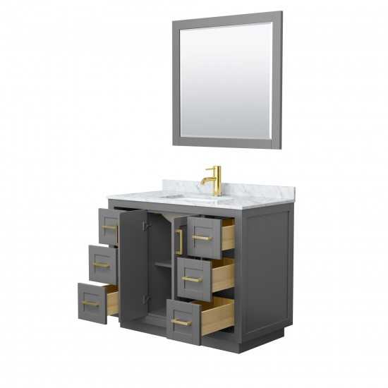 42 Inch Single Bathroom Vanity in Dark Gray, White Carrara Marble Countertop, Sink, Gold Trim, 34 Inch Mirror