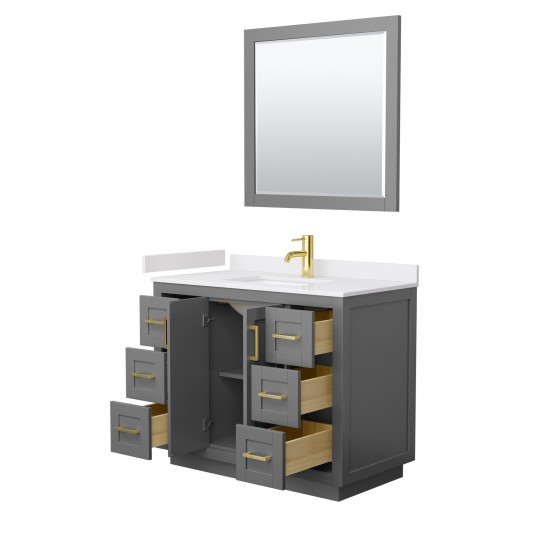 42 Inch Single Bathroom Vanity in Dark Gray, White Cultured Marble Countertop, Sink, Gold Trim, 34 Inch Mirror