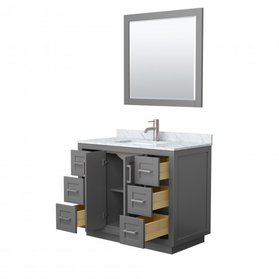 42 Inch Single Bathroom Vanity in Dark Gray, White Carrara Marble Countertop, Sink, Nickel Trim, 34 Inch Mirror