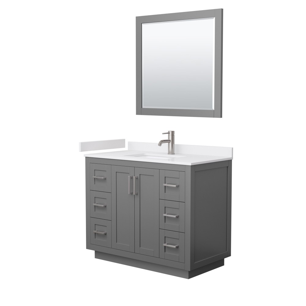 42 Inch Single Bathroom Vanity in Dark Gray, White Cultured Marble Countertop, Sink, Nickel Trim, 34 Inch Mirror