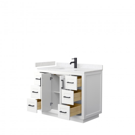 42 Inch Single Bathroom Vanity in White, Light-Vein Carrara Cultured Marble Countertop, Sink, Black Trim