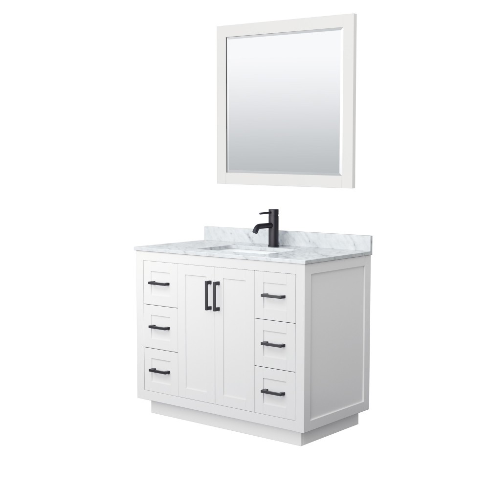 42 Inch Single Bathroom Vanity in White, White Carrara Marble Countertop, Sink, Black Trim, 34 Inch Mirror