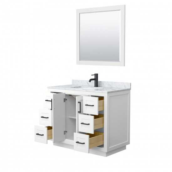 42 Inch Single Bathroom Vanity in White, White Carrara Marble Countertop, Sink, Black Trim, 34 Inch Mirror