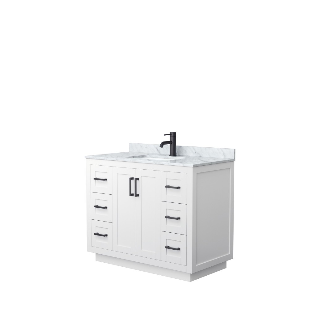 42 Inch Single Bathroom Vanity in White, White Carrara Marble Countertop, Sink, Black Trim