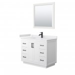 42 Inch Single Bathroom Vanity in White, White Cultured Marble Countertop, Sink, Black Trim, 34 Inch Mirror