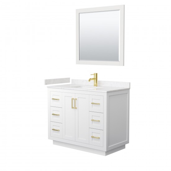 42 Inch Single Bathroom Vanity in White, Light-Vein Carrara Cultured Marble Countertop, Sink, Gold Trim, 34 Inch Mirror