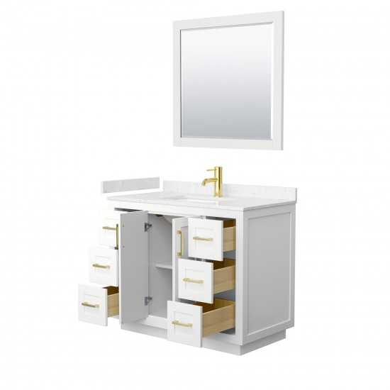 42 Inch Single Bathroom Vanity in White, Light-Vein Carrara Cultured Marble Countertop, Sink, Gold Trim, 34 Inch Mirror