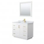 42 Inch Single Bathroom Vanity in White, White Carrara Marble Countertop, Sink, Gold Trim, 34 Inch Mirror