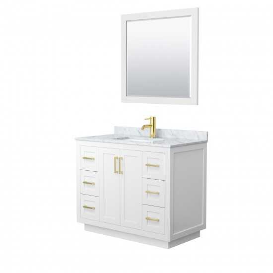 42 Inch Single Bathroom Vanity in White, White Carrara Marble Countertop, Sink, Gold Trim, 34 Inch Mirror