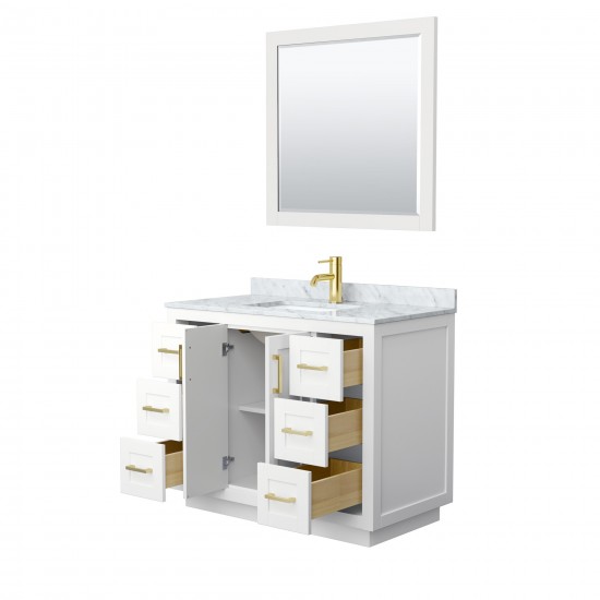 42 Inch Single Bathroom Vanity in White, White Carrara Marble Countertop, Sink, Gold Trim, 34 Inch Mirror