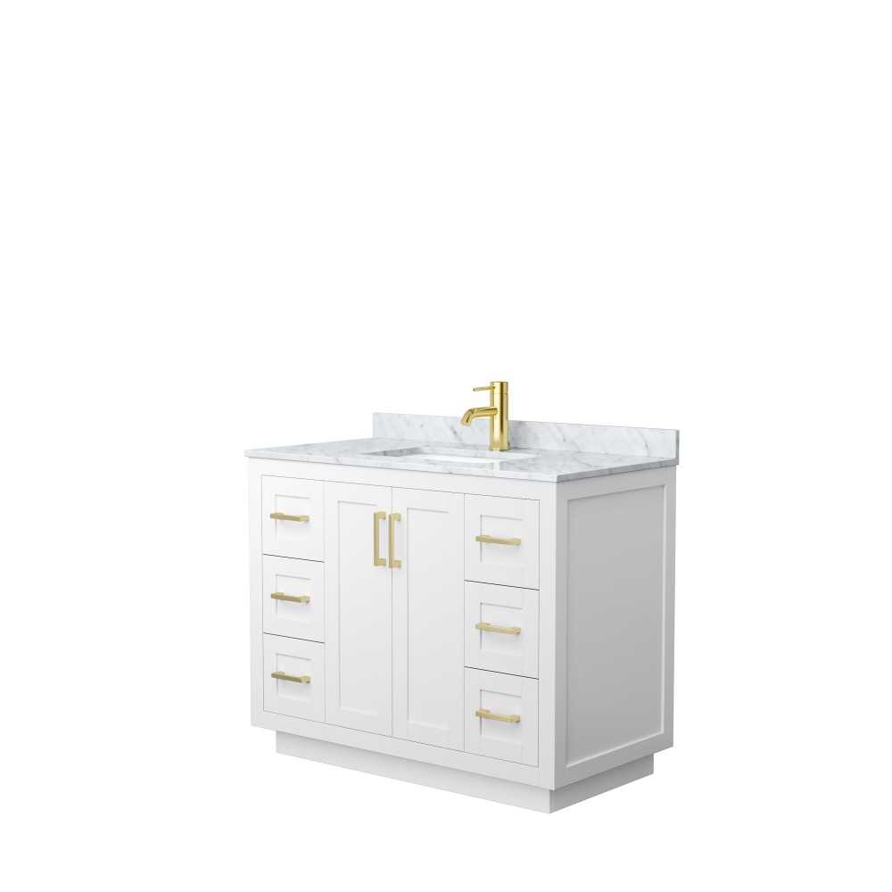 42 Inch Single Bathroom Vanity in White, White Carrara Marble Countertop, Sink, Gold Trim