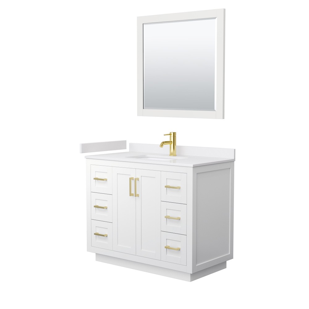 42 Inch Single Bathroom Vanity in White, White Cultured Marble Countertop, Sink, Gold Trim, 34 Inch Mirror