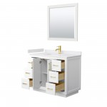 42 Inch Single Bathroom Vanity in White, White Cultured Marble Countertop, Sink, Gold Trim, 34 Inch Mirror