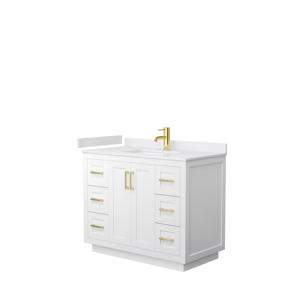 42 Inch Single Bathroom Vanity in White, White Cultured Marble Countertop, Sink, Gold Trim