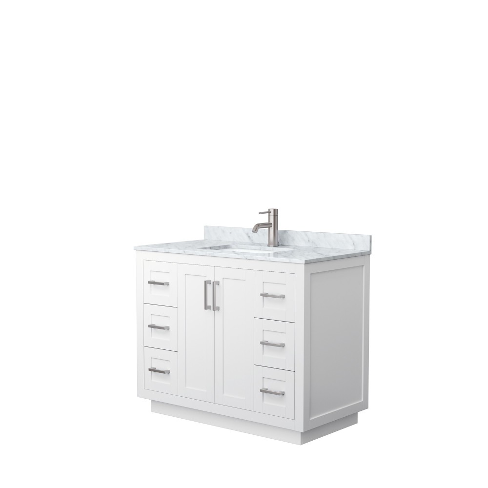 42 Inch Single Bathroom Vanity in White, White Carrara Marble Countertop, Sink, Nickel Trim