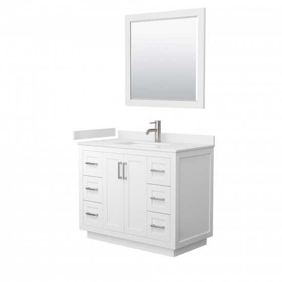 42 Inch Single Bathroom Vanity in White, White Cultured Marble Countertop, Sink, Nickel Trim, 34 Inch Mirror