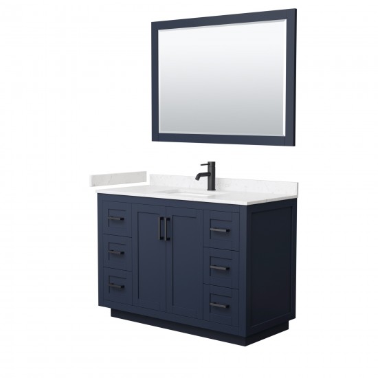 48 Inch Single Bathroom Vanity in Dark Blue, Light-Vein Carrara Cultured Marble Countertop, Sink, Black Trim, 46 Inch Mirror