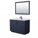 48 Inch Single Bathroom Vanity in Dark Blue, White Carrara Marble Countertop, Sink, Black Trim, 46 Inch Mirror