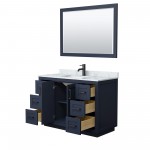 48 Inch Single Bathroom Vanity in Dark Blue, White Carrara Marble Countertop, Sink, Black Trim, 46 Inch Mirror