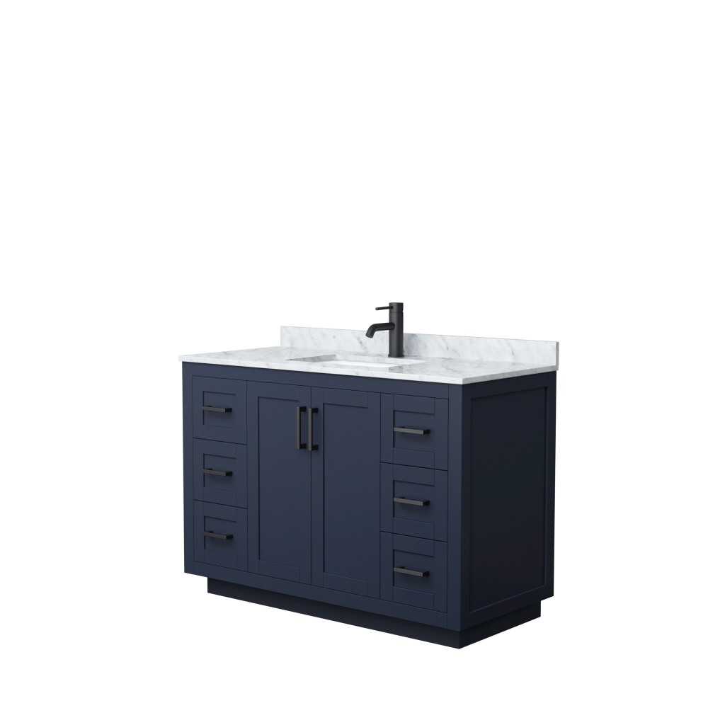 48 Inch Single Bathroom Vanity in Dark Blue, White Carrara Marble Countertop, Sink, Black Trim