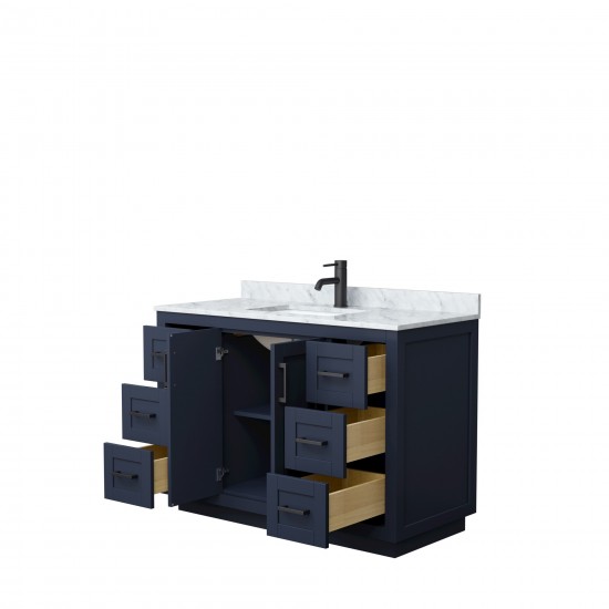 48 Inch Single Bathroom Vanity in Dark Blue, White Carrara Marble Countertop, Sink, Black Trim