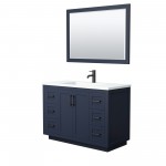 48 Inch Single Bathroom Vanity in Dark Blue, 1.25 Inch Thick White Solid Surface Countertop, Sink, Black Trim, 46 Inch Mirror