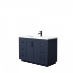 48 Inch Single Bathroom Vanity in Dark Blue, 1.25 Inch Thick White Solid Surface Countertop, Sink, Black Trim