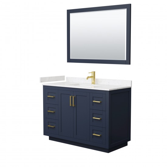 48 Inch Single Bathroom Vanity in Dark Blue, Light-Vein Carrara Cultured Marble Countertop, Sink, Gold Trim, 46 Inch Mirror