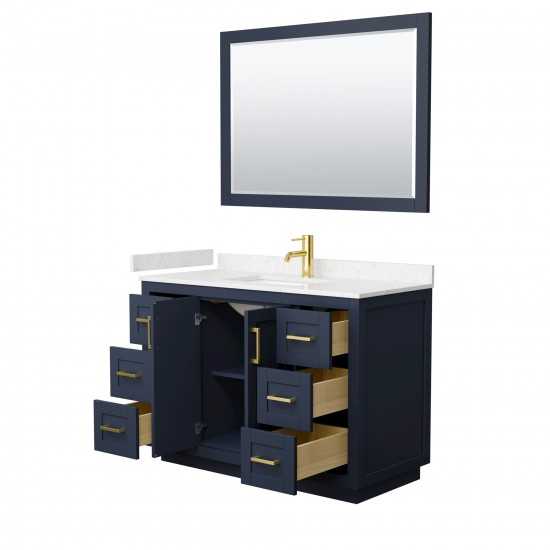 48 Inch Single Bathroom Vanity in Dark Blue, Light-Vein Carrara Cultured Marble Countertop, Sink, Gold Trim, 46 Inch Mirror